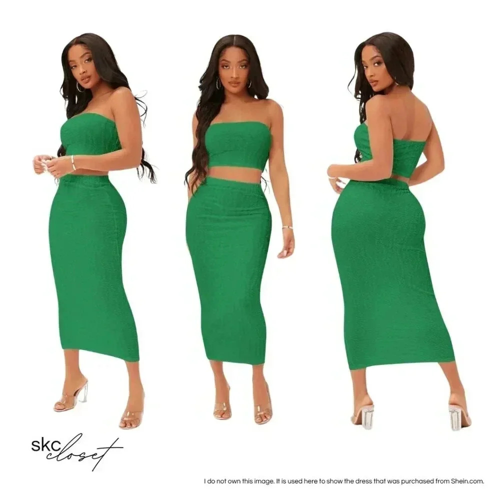 SHEIN SXY Textured Crop Tube Top & Pencil Skirt Set - Green, XS